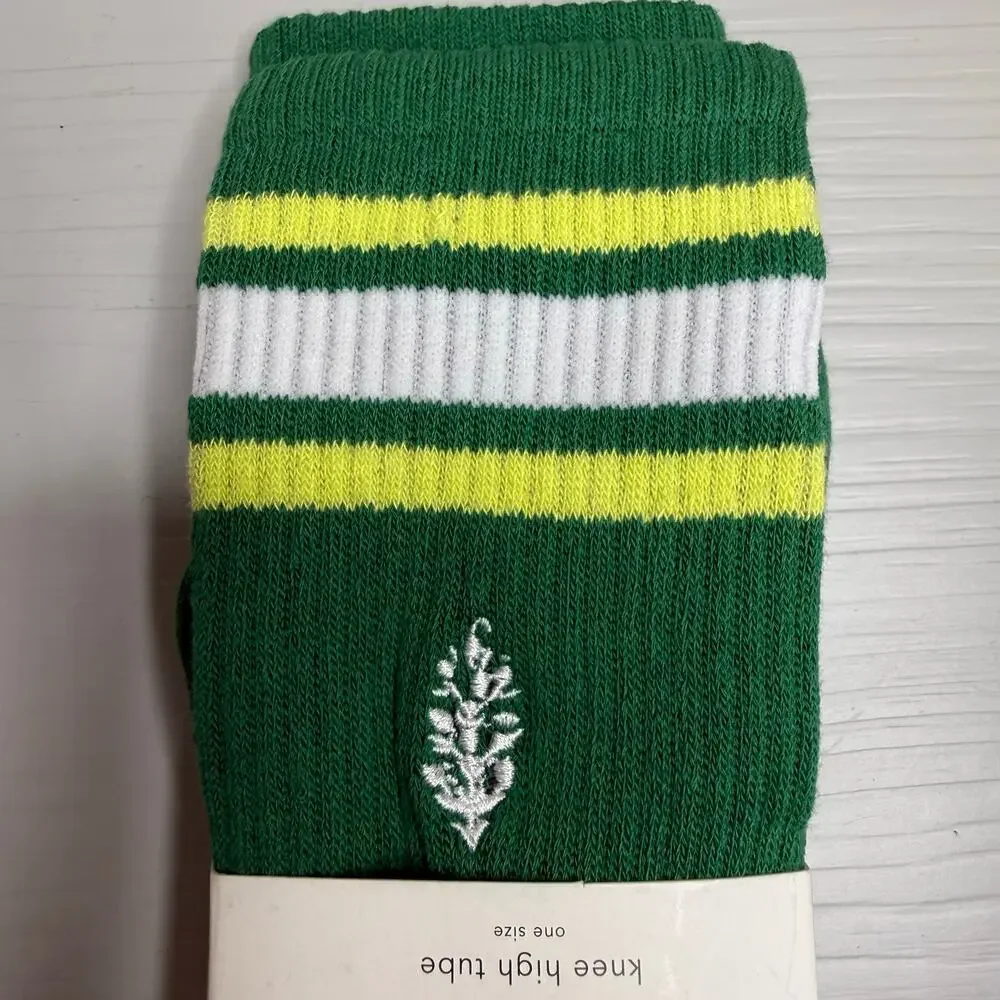 Free People knee high socks ribbed embroidered buti logo striped